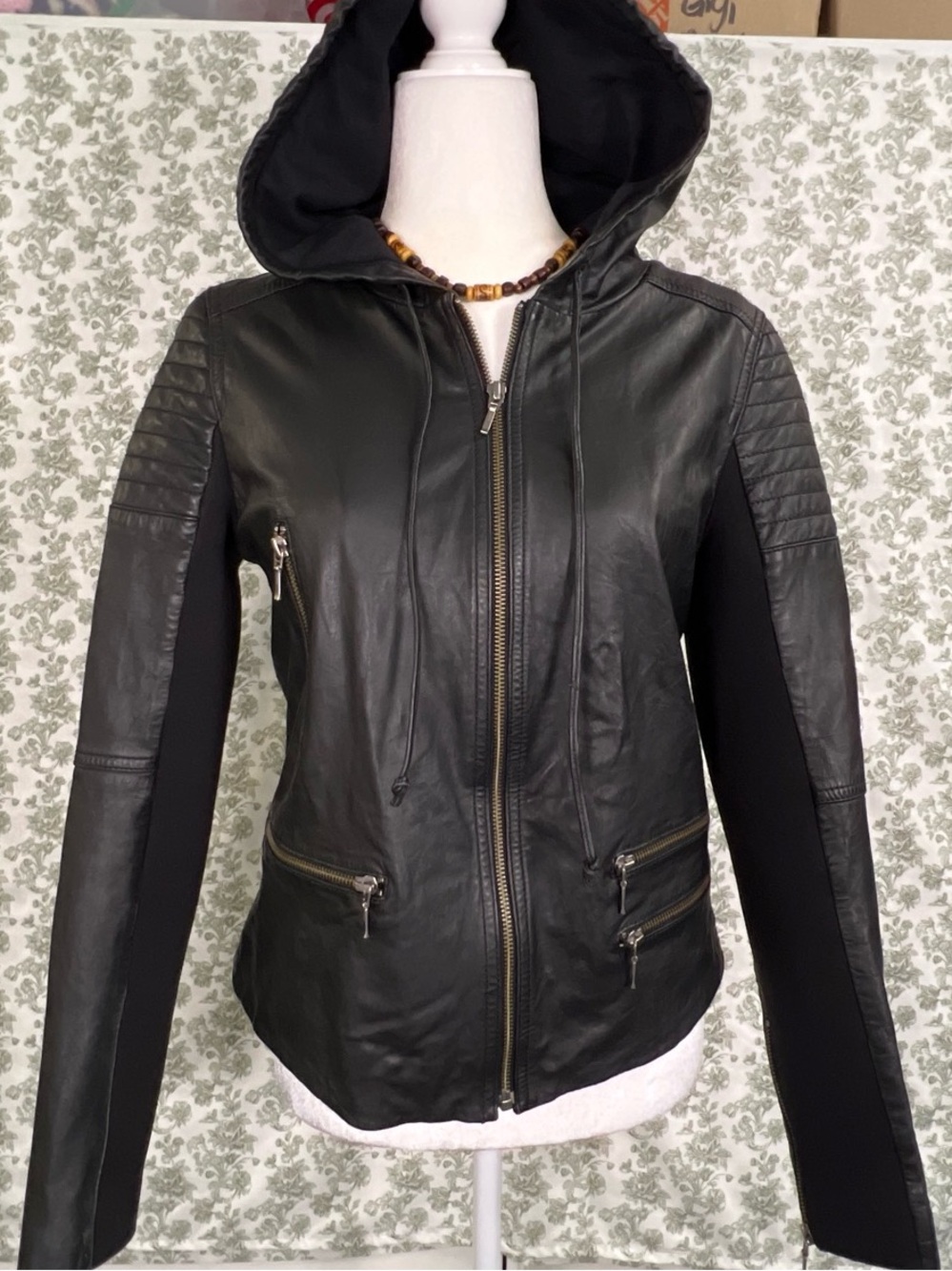 Trouvé Genuine Leather Hooded Moto Biker Jacket Black Medium